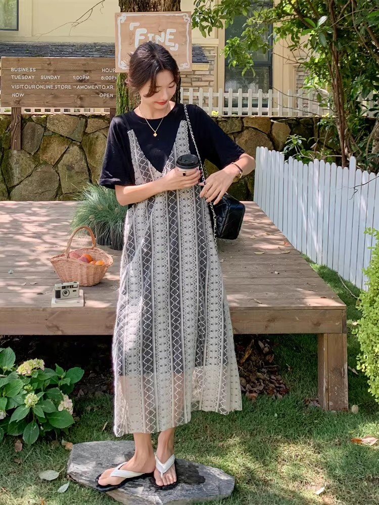 자수 검정색 스택 착용 여성 드레스 여름 새로운 작은 청신 그는 벤 바람 루즈핏 페이크 레이어드 대 코드 길이 치마