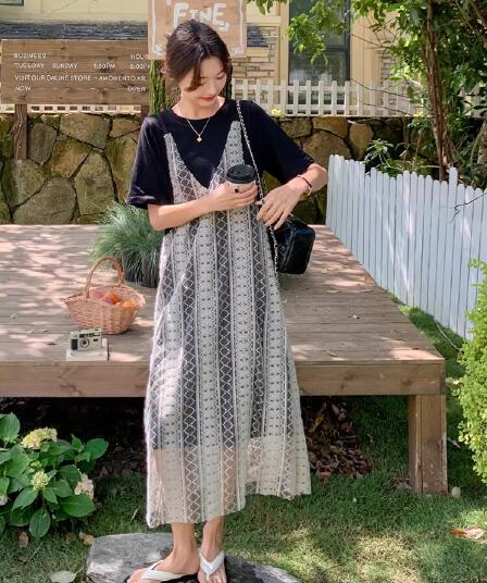자수 검정색 스택 착용 여성 드레스 여름 새로운 작은 청신 그는 벤 바람 루즈핏 페이크 레이어드 대 코드 길이 치마