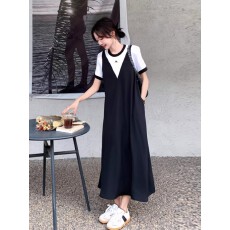 批发大码时尚设计感拼接假两件连衣裙女2025夏季新款遮肉显瘦T恤长裙