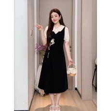 批发微胖大码女装时尚气质设计感郁金香娃娃领假两件掐腰显瘦<b class='q'>连衣裙</b>