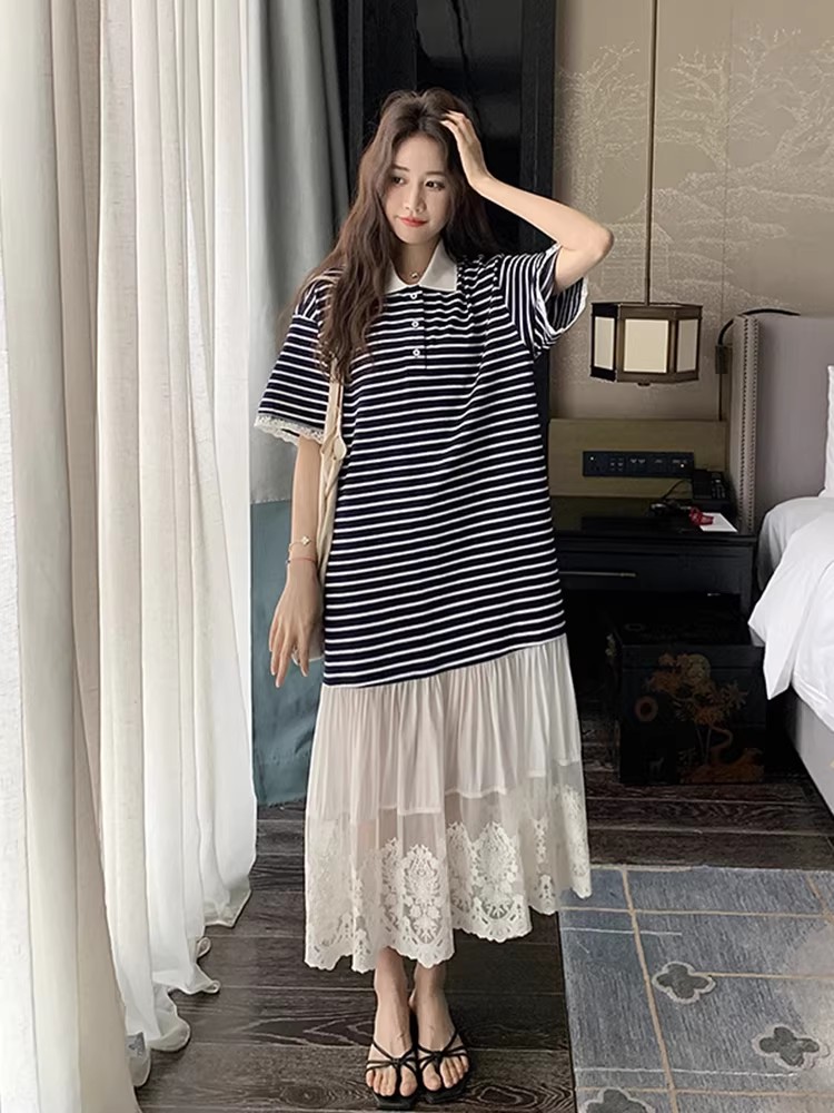 POLO 칼라 스트라이프 티셔츠 여성 드레스 2026 여름 새로운 빛 럭셔리 고급 센스 캐주얼 레이스 조각 길다