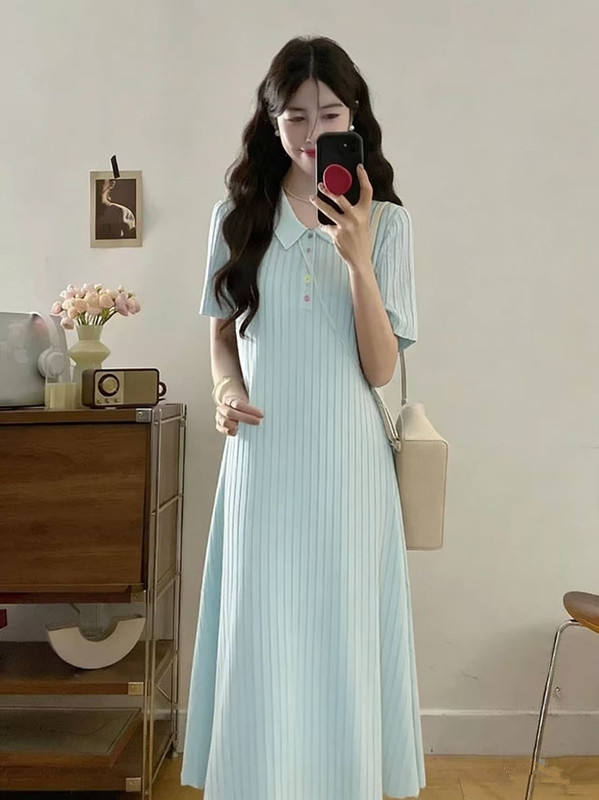 빅 사이즈 여성 의류 지방 mm 부드러운 바람 폴로 칼라 색상 버클 질감 센스 여성 드레스 여름 품격 슬림해 보이는 연령 감소 롱 스커트