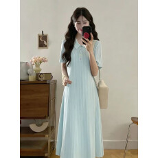 批发大码女装胖mm温柔风翻领彩色扣肌理感<b class='q'>连衣裙</b>女夏气质显瘦减龄长裙