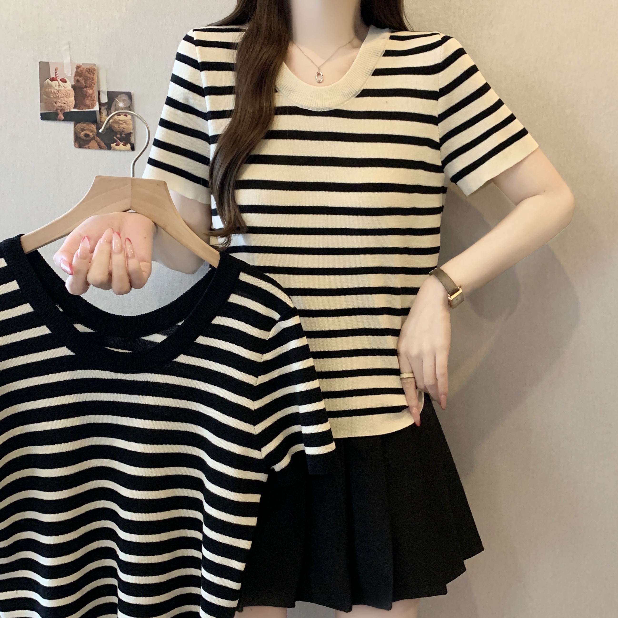 빅 사이즈 여성 의류 여름 드레스 새로운 통통한 여동생 슬림해 보이는 스트라이프 반팔 티셔츠 긍정적 인 어깨 얼음 실크 루즈핏 맨위 트렌디