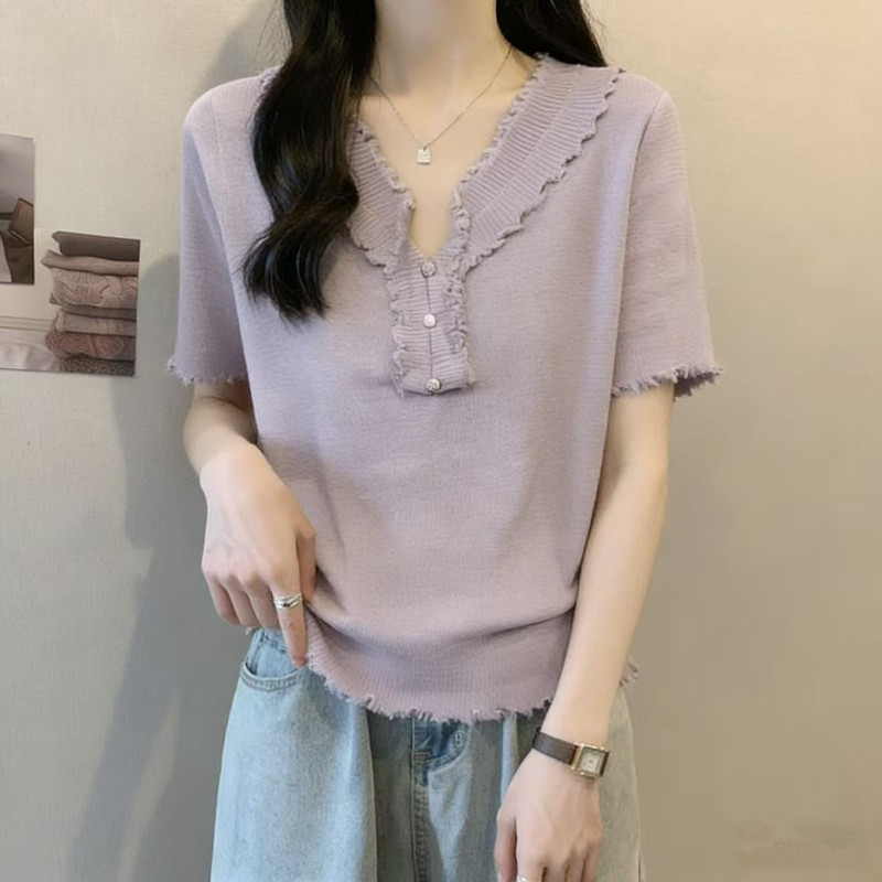 2026 여름 한국 스타일 얼음 실크 니트 반팔 티셔츠 여성 몸매 가꾸기 슬림해 보이는 다용도 숄 맨위 트렌디