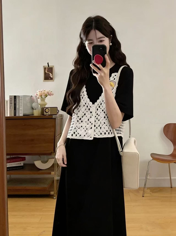 샤오 황 오리 여름 수공 크로 셰 뜨개질 베스트 지방 mm 품격 검정색 드레스