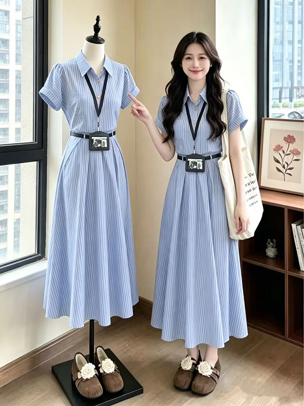 BY27338# 夏季蓝色POLO领文艺条纹连衣裙女装教资面试裙子 服裝批發女裝批發服飾貨源