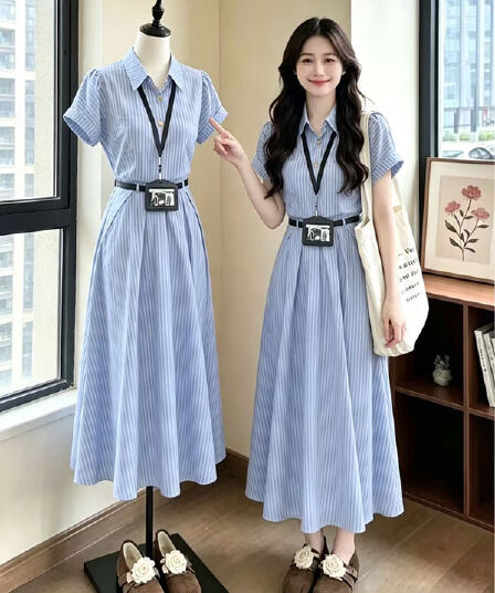 2026 여름 파란색 POLO 칼라 문예 스트라이프 드레스 여성 의류 교 자본금 면접 치마