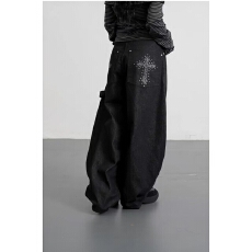 批发<b class='q'>韩国</b>原单豹纹十字架贴钻口袋弯刀阔腿裤