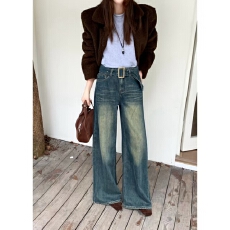 批发实拍~冬款植绒配腰带阔腿<b class='q'>牛仔</b>裤2色