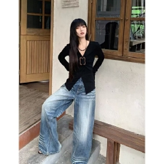 批发冬款复合绒竹节面料阔腿<b class='q'>牛仔</b>裤