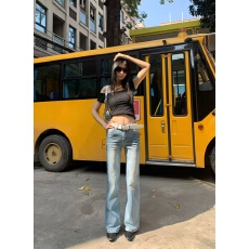 批发春款压皱高腰弹力显瘦筒喇牛仔<b class='q'>裤</b>