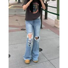 批发夏新款韩国<b class='q'>原</b><b class='q'>单</b>破洞微喇裤