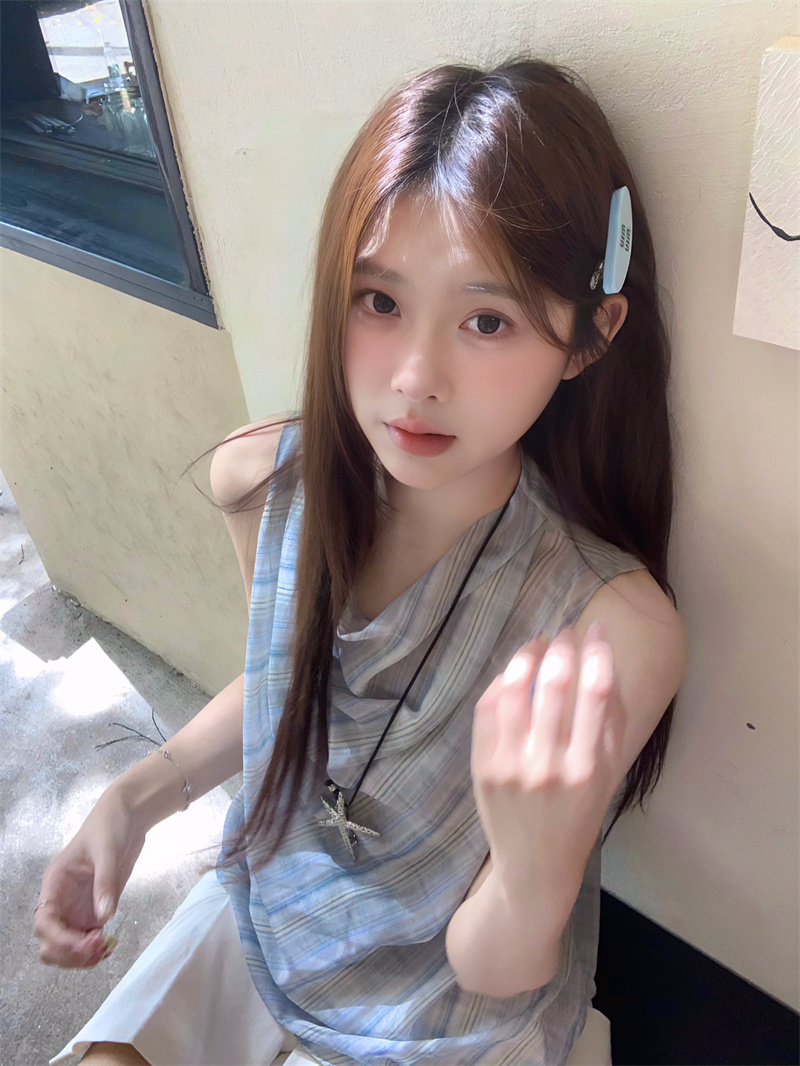 실사 쉬폰 블라우스 흔들다 칼라 행침 목 캐미솔 파란색 격자 무늬 셔츠 셔츠 맨위 여성