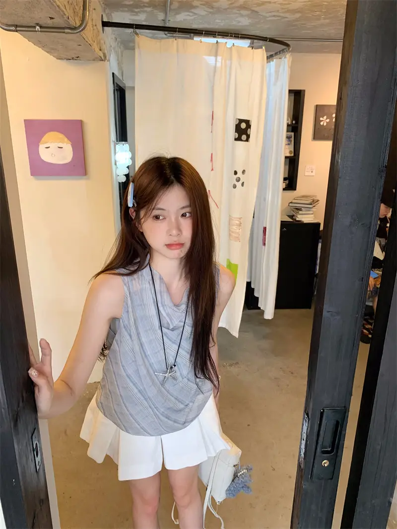 블루 체크 블라우스 민소매 원피스 상세 이미지 2