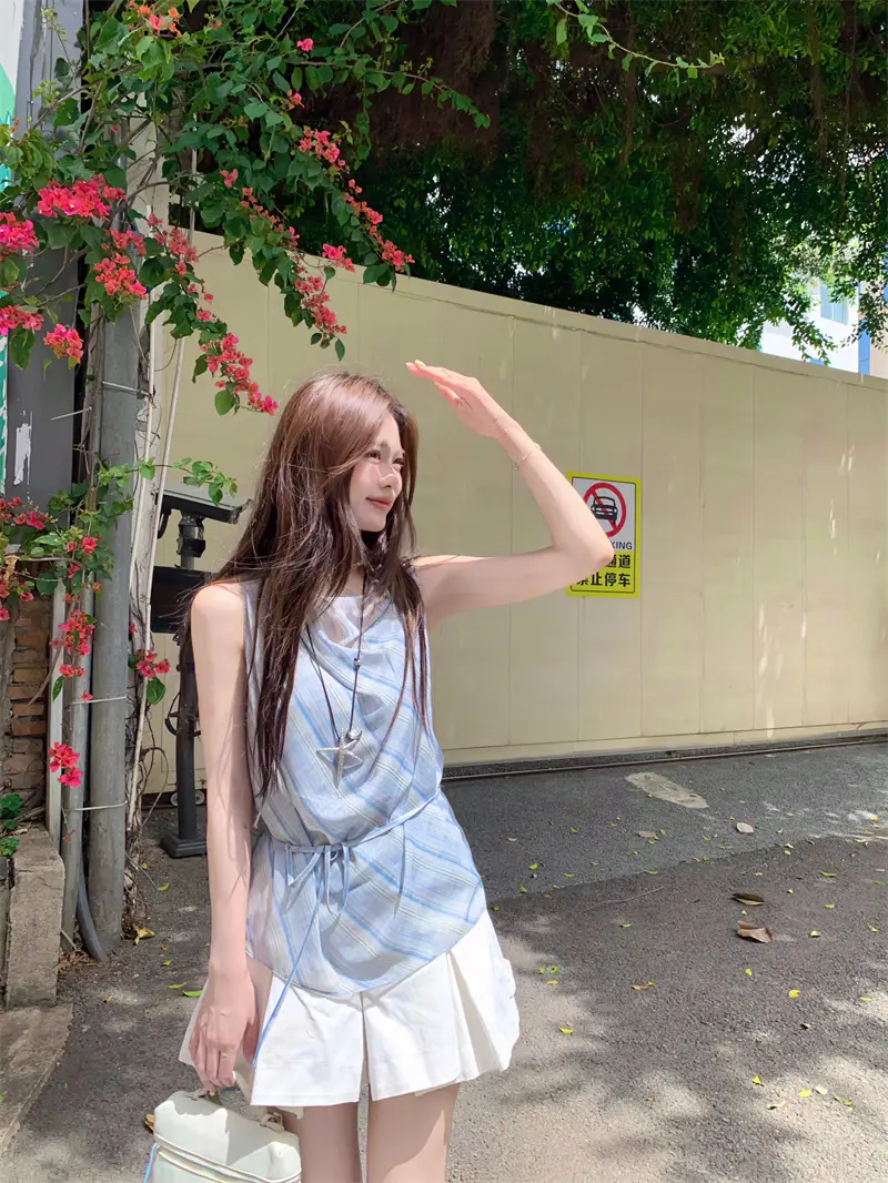 블루 체크 블라우스 민소매 원피스 상세 이미지 3