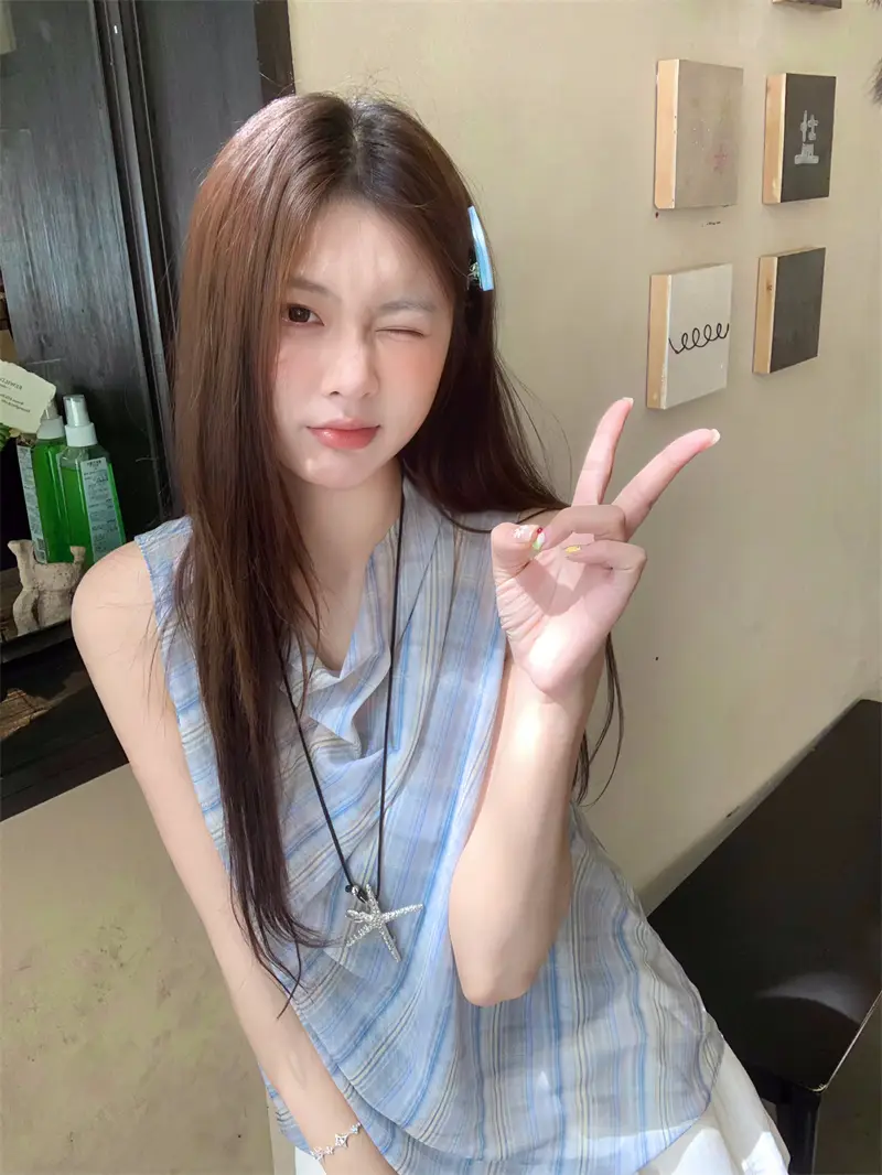 블루 체크 블라우스 민소매 원피스 상세 이미지 4