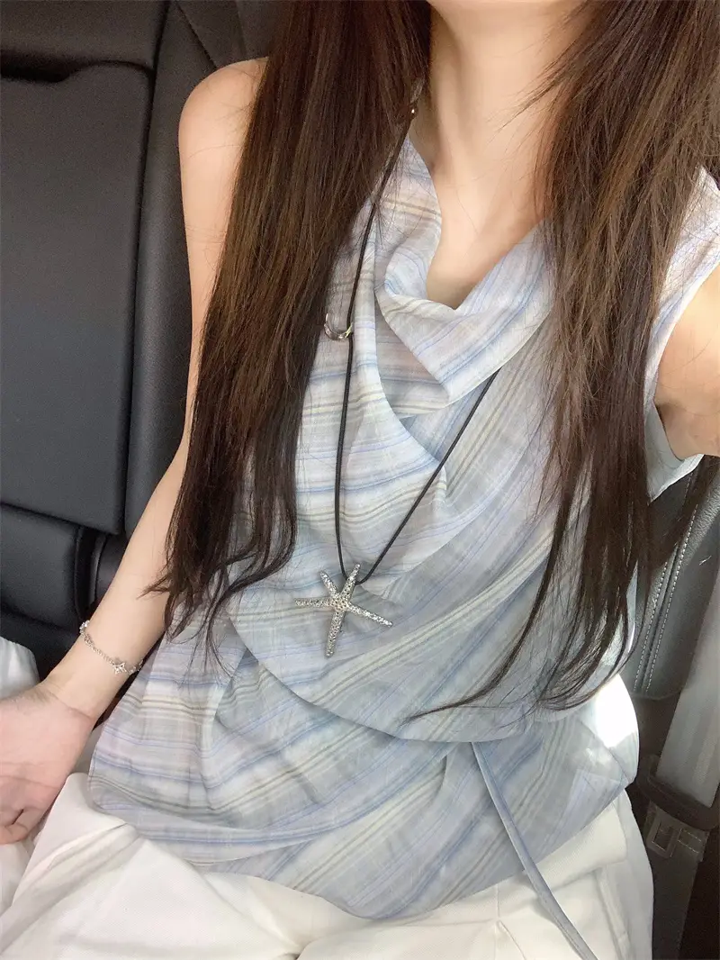 블루 체크 블라우스 민소매 원피스 상세 이미지 5