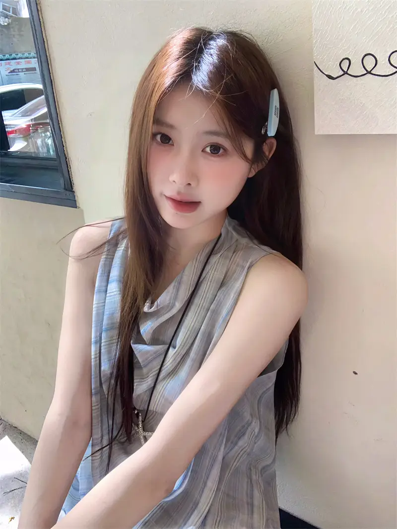 블루 체크 블라우스 민소매 원피스 상세 이미지 6