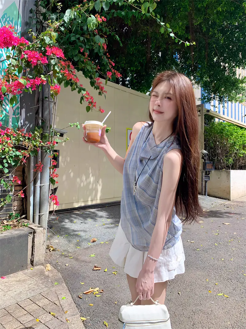 블루 체크 블라우스 민소매 원피스 상세 이미지 7