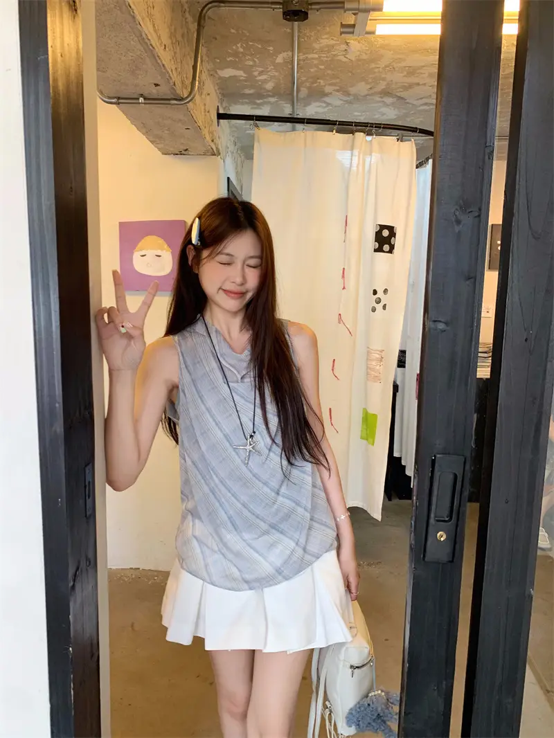 블루 체크 블라우스 민소매 원피스 상세 이미지 8