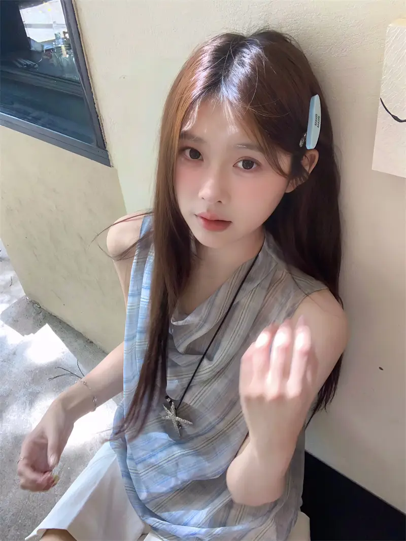 블루 체크 블라우스 민소매 원피스 상세 이미지 10