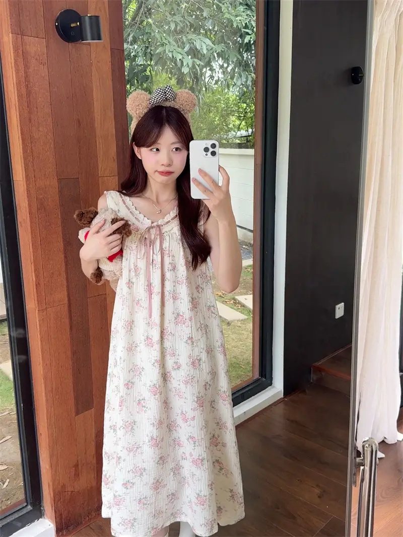 핑크 장미 레이스 민소매 나이트드레스 상세 이미지 2