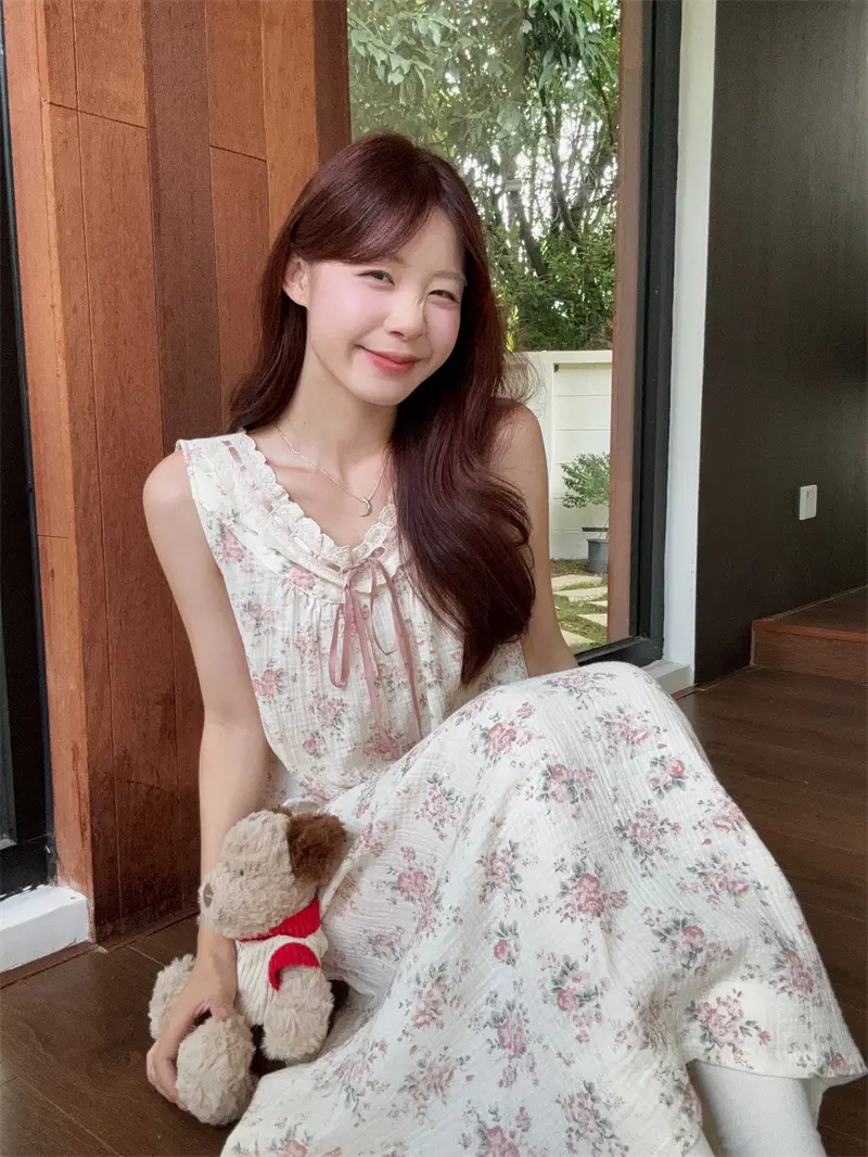 핑크 장미 레이스 민소매 나이트드레스 상세 이미지 8