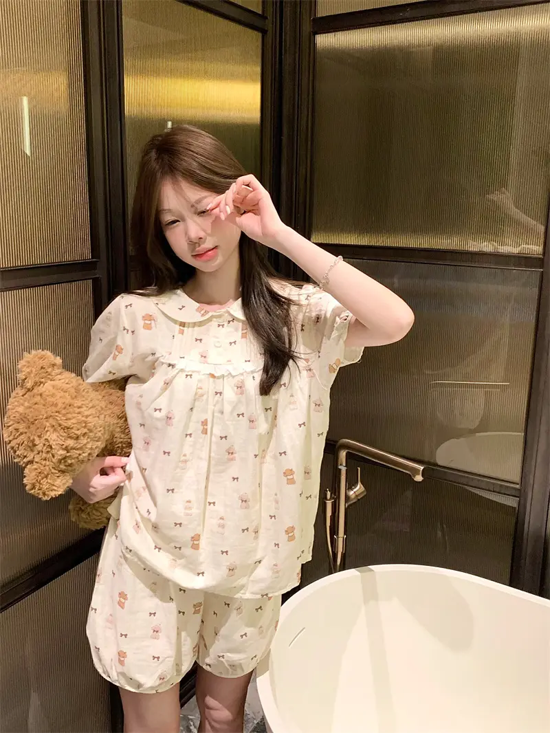 귀여운 벨벳 라운드 넥 홈웨어 세트 상세 이미지 3
