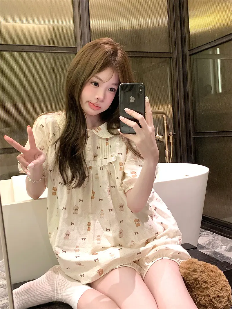 귀여운 벨벳 라운드 넥 홈웨어 세트 상세 이미지 6