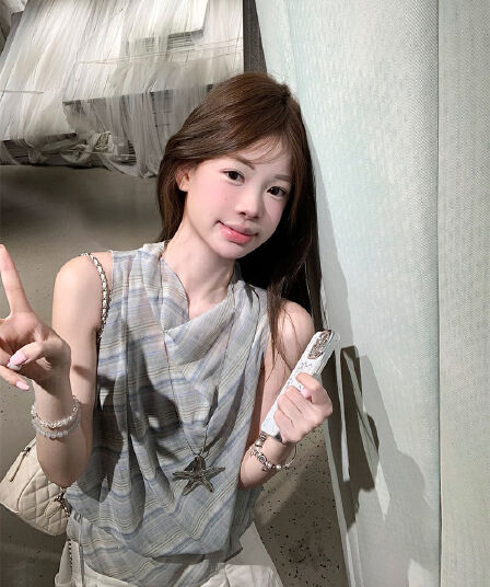 실사 흔들다 칼라 행침 목 캐미솔 파란색 체크무늬 쉬폰 블라우스