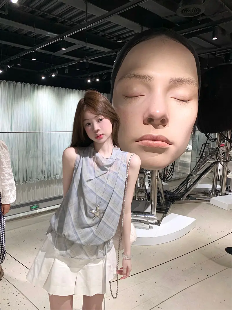 블루 체크 쉬폰 홀터 민소매 상세 이미지 2