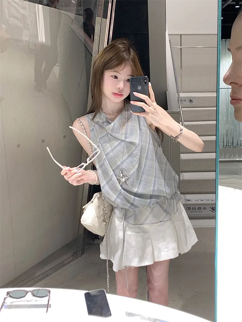 블루 체크 쉬폰 홀터 민소매 상세 이미지 3