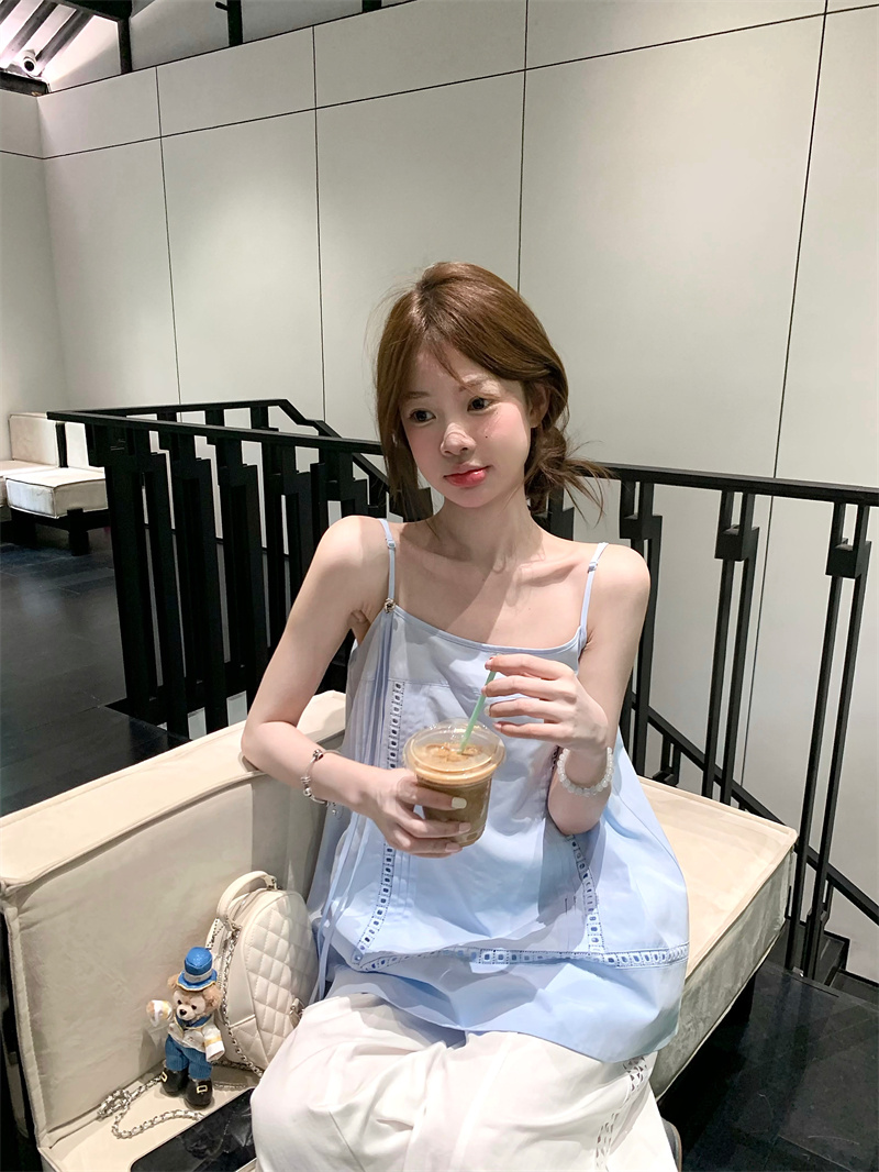 실사 섬 소금 바다색 홀로우 아웃 패치워크 레이스 슬립 맨위