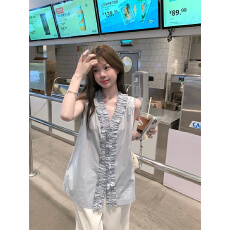 实拍  蓝色木耳边无袖背心衬衫