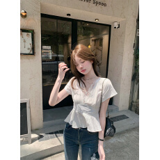 批发实拍  法式蕾丝拼接v领<b class='q'>收腰</b>衬衫上衣