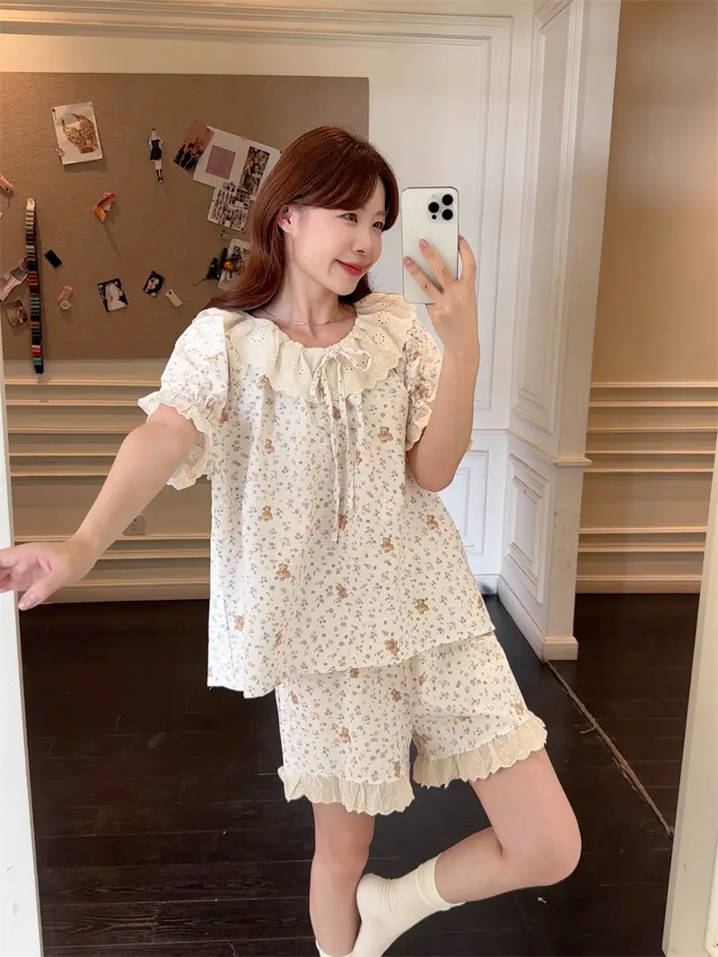 러블리 플라워 베어 라운드넥 홈웨어 세트 상세 이미지 1