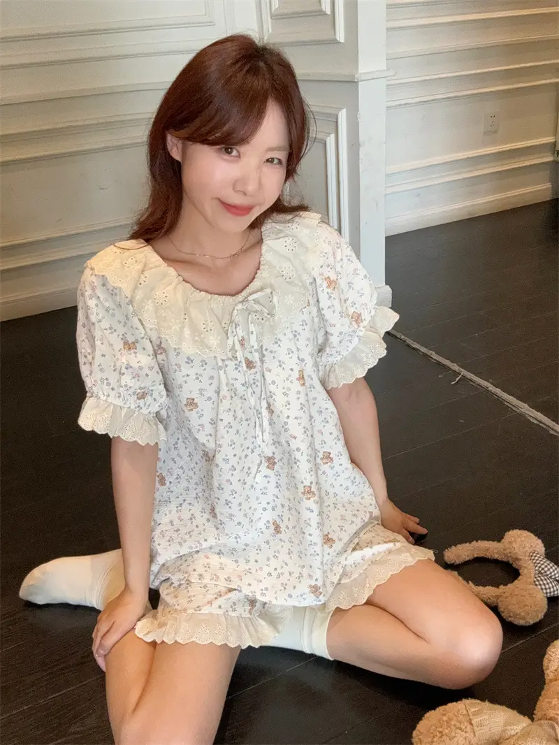 러블리 플라워 베어 라운드넥 홈웨어 세트 상세 이미지 3