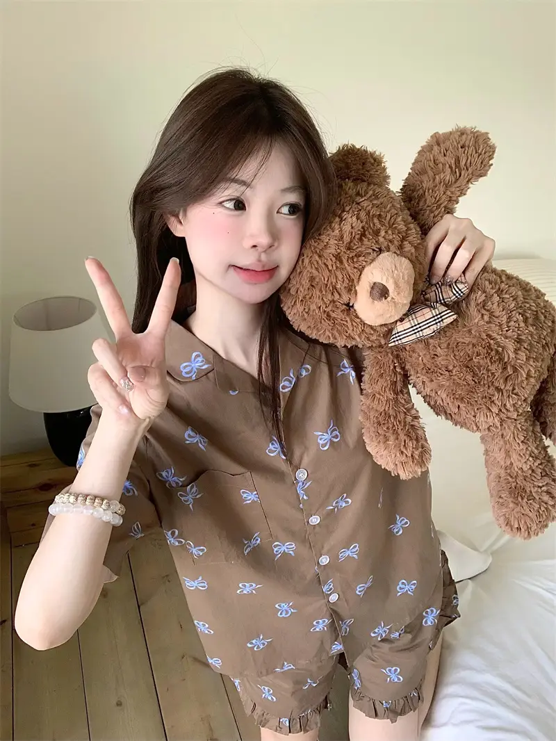 레트로 러블리 리본 프릴 홈웨어 세트 상세 이미지 1