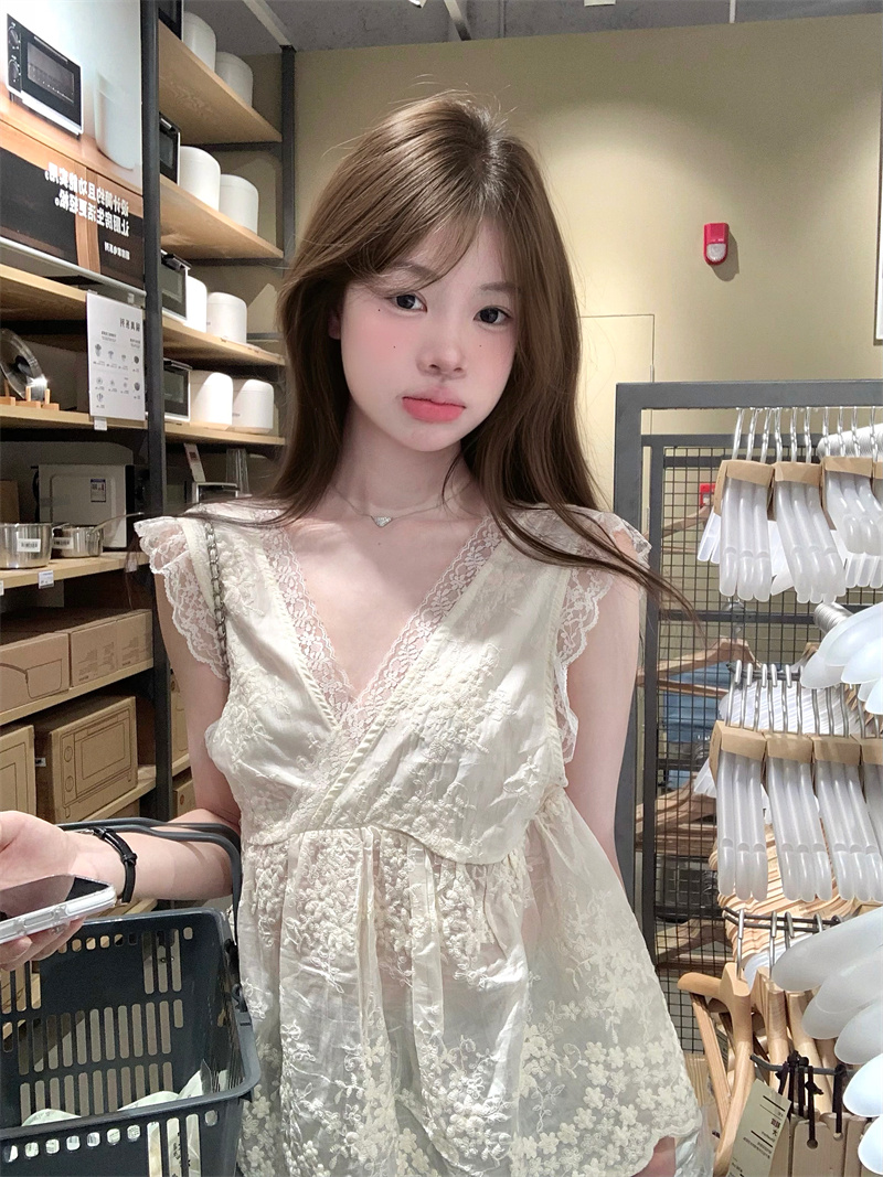 실사 반투명 시계 프랑스식 품격 자수 절묘한 레이스 셔츠 민소매 조끼 여성