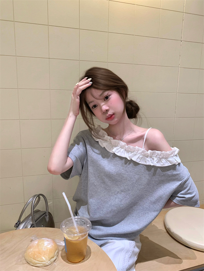실사 회색 레이스 오프숄더 루즈핏 슬림해 보이는 반팔 티셔츠
