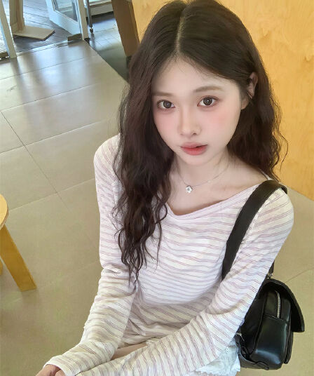 실사 연인 소녀 보라색 스트라이프 느긋한 루즈핏 긴팔 티셔츠 여성 여름 자외선 차단 블라우스 맨위