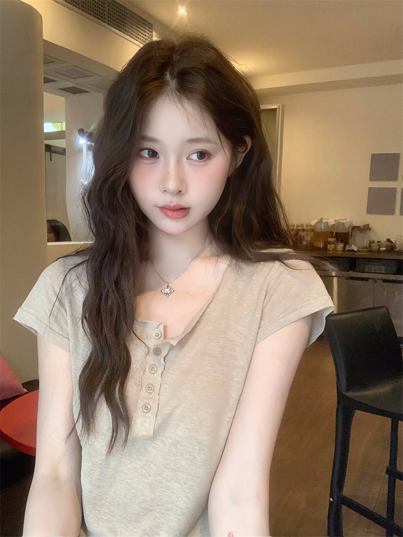 실사 볼륨 측면 어깨 헨리 칼라 반팔 맨위 티셔츠