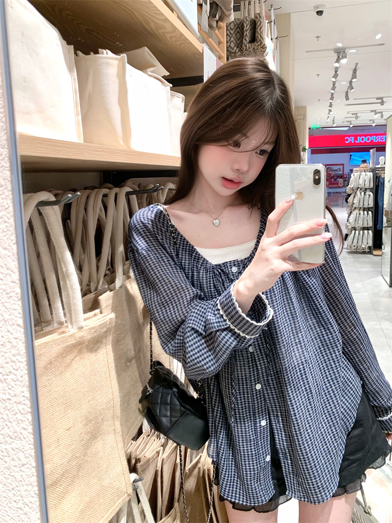 실사 체크무늬 꽃이 핌 디자인 섹션 네클라인 펌프 로프 커프스 레이스 측면 태양 보호 셔츠 맨위 재킷