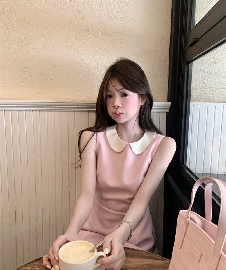 실사 배색 베이비 칼라 민소매 품격 한 부서 허리 수축 드레스