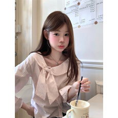 批发实拍  淡淡樱花粉色条纹少女长袖格子衬衫