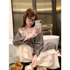 批发实拍 韩系格子双层蕾丝花边方领纯棉家居服<b class='q'>睡衣</b>套装