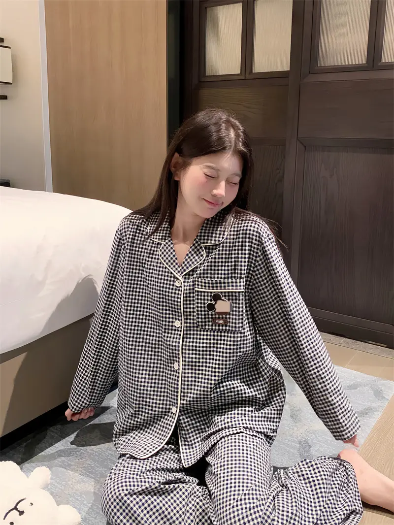 체크 폴드 칼라 면 홈웨어 세트 상세 이미지 1