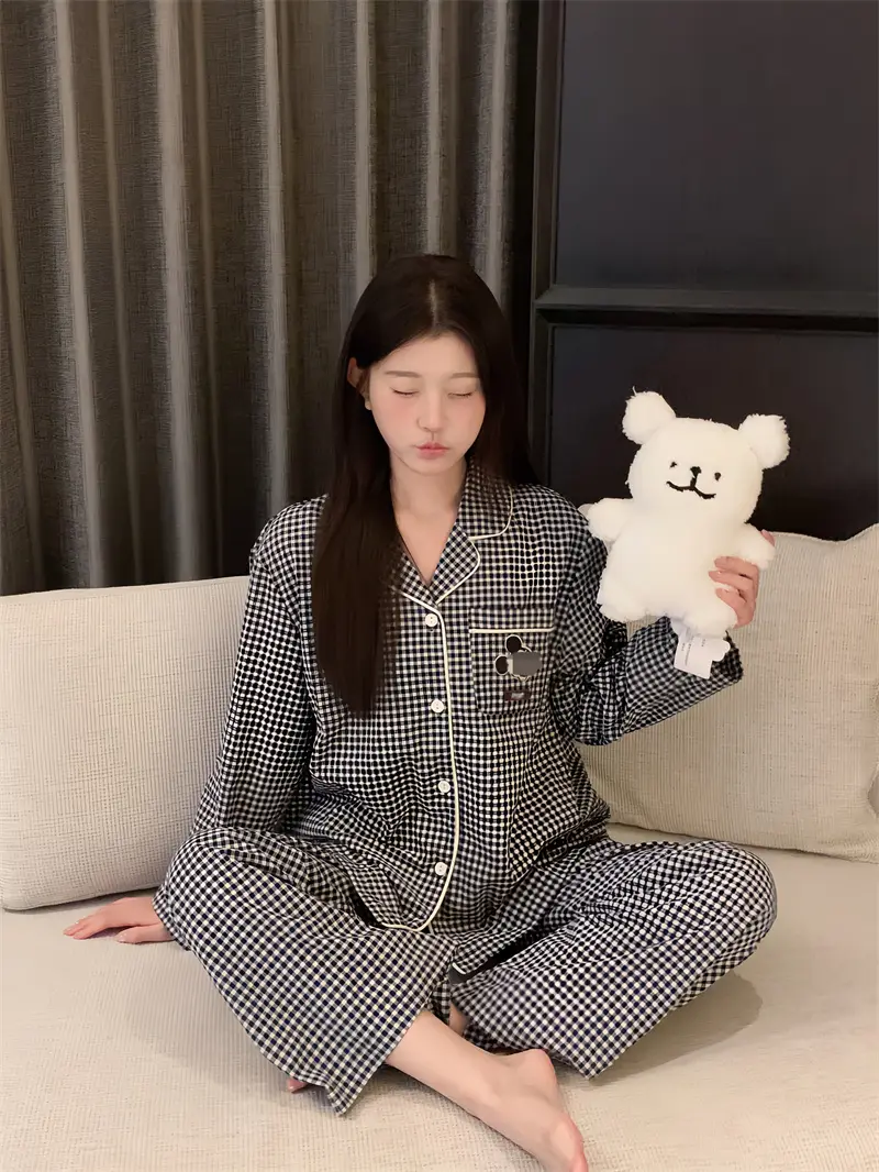 체크 폴드 칼라 면 홈웨어 세트 상세 이미지 2