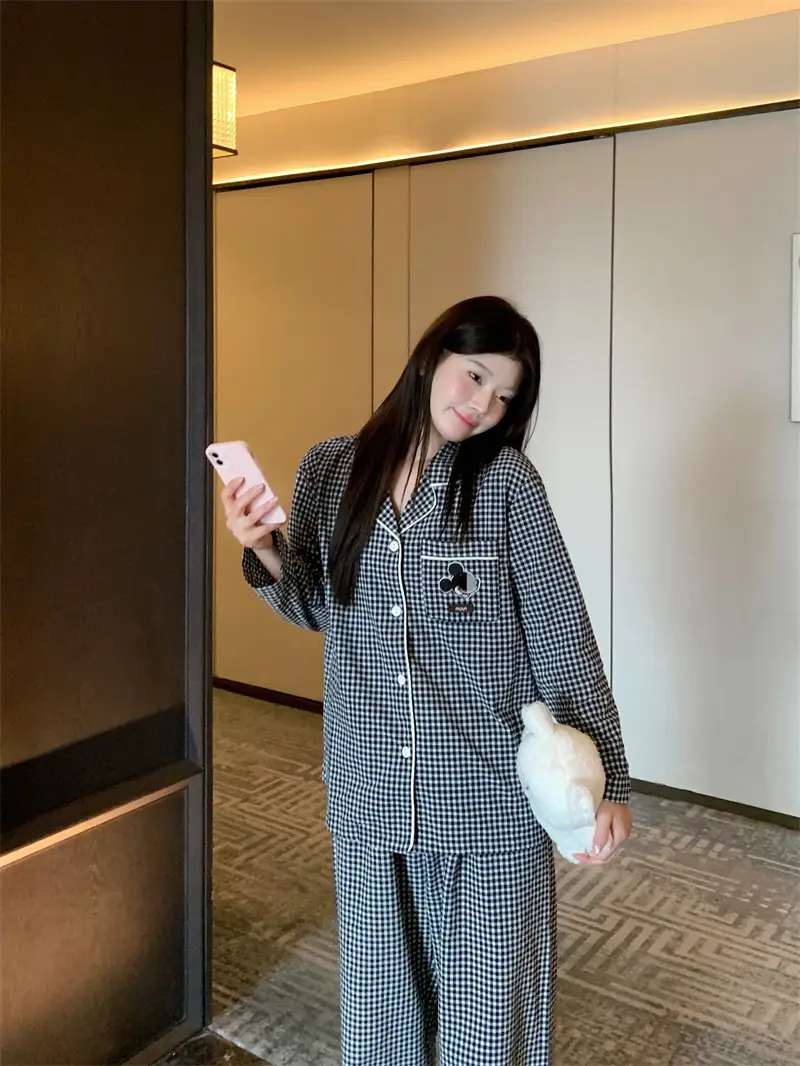 체크 폴드 칼라 면 홈웨어 세트 상세 이미지 3